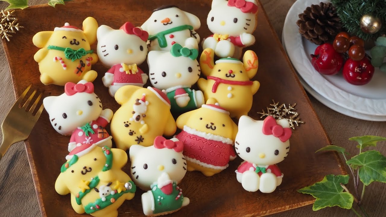 チョコレートでコーティングするハローキティとポムポムプリンのクリスマスマドレーヌ　お菓子作り♡Hello Kitty and Pompompurin Christmas Madeleine.
