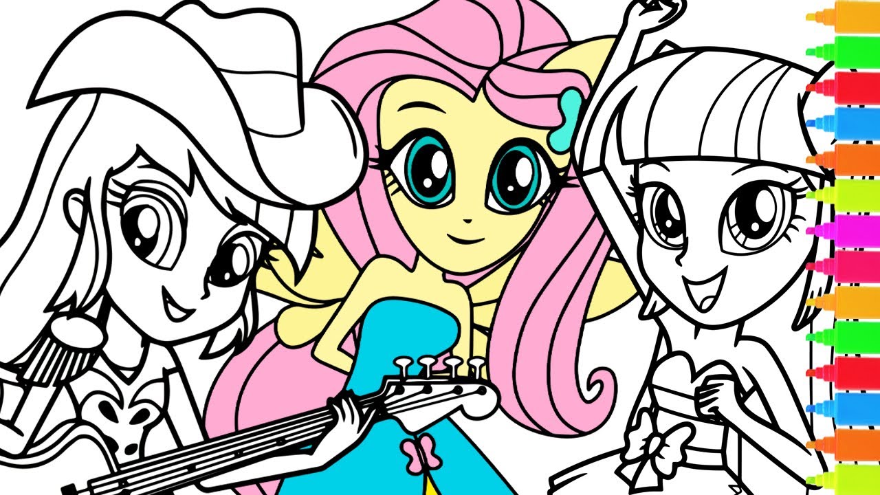 Coloring My Little Pony Equestria Girls Fluttershy, Applejack, Twilight Sparkle | MLP Coloring Video