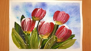 Как нарисовать Тюльпаны легко, поэтапно, гуашью. Нетрадиционное рисование для начинающих. Видео урок - 5 