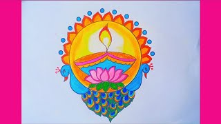 Beautiful Diya with Peacock and Lotus Drawing | Easy Diwali Festival Art for Beginners |Step by Step
