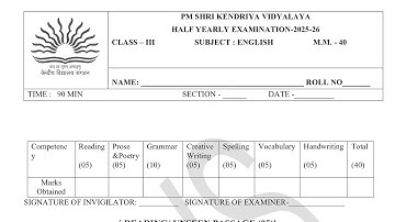 Class-3 English / Half Yearly Exam 2025-2026 Question Paper Term-1 PM SHRI Kendriya Vidyalaya 