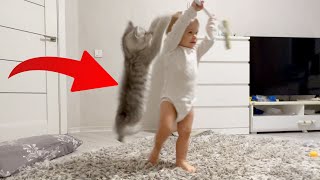 Adorable Baby Teaches Tiny Kitten How to Fly