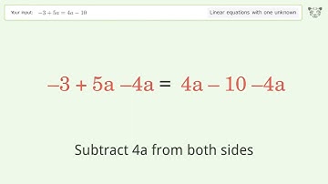 Linear equation with one unknown: Solve -3+5a=4a-10 step-by-step solution