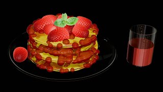 Blender 4.5: strawberry egg cake with juice preview.Blender4.5: 制作草莓蛋糕和果汁套餐预览