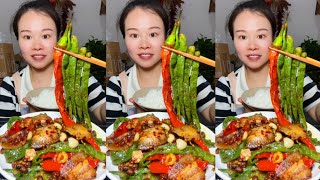 Eating Spicy Food Yummy, Fried Pork Belly With Chili And Green Vegetables #food #asmr #eating