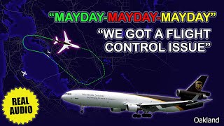 MAYDAY. UPS Airlines McDonnell Douglas MD11 returns to Oakland. Flight control issue. Real ATC