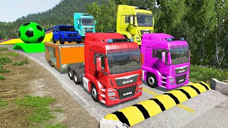 Flatbed Trailer Truck Rescue - Cars vs Rails - Speed Bumps - BeamNG.Drive