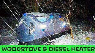 Winter Camping in a hot tent with woodstove/diesel heater | Snow and Freezing Temps (our first time)