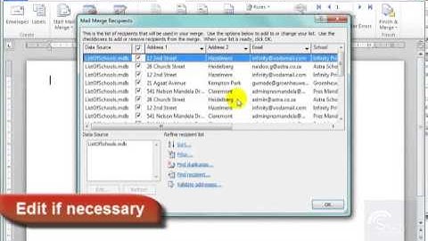Mail merge envelopes, database as source file