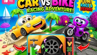 Car vs Bike Racing Adventure 🚗🏍️ | Fun Beach Race & Tire Repair Game for Kids! 🌴😱 screenshot 2