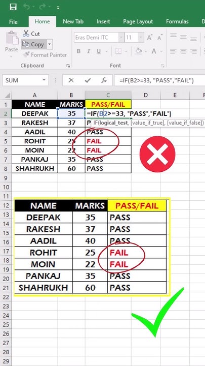 EXCEL IF FUNCTION FORMULA USE IN PASS FAILL MARKS || EXCEL MASTER TRICK ...