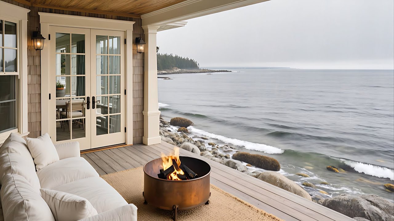 Summer Mist Over Ocean Waves | Peaceful New England Coastal Porch Firepit | Maine Seaside Ambience