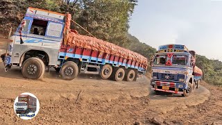 Ghat Road : Cars Crossing Heavy Loaded Truck 14 Tyres Lorry Driving Stopped on Ghat Roads U Turning