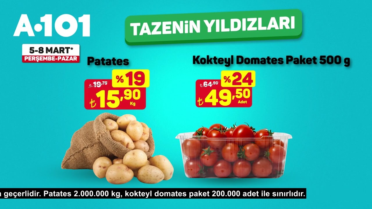 5 - 8 Mart tarihleri arasında ucuzun da ucuzu meyve ve sebzeler A101’de!