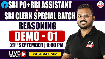 REASONING SPECIAL BATCH FOR SBI CLERK /SBI PO/RBI ASSISTANT | DEMO 01 | BY YASHPAL SIR @KD_LIVE