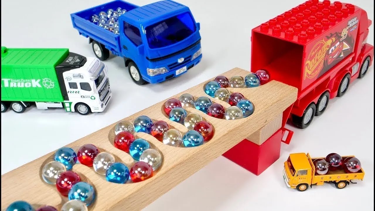 Marble Run Race ☆ HABA Slope & Retro Makita Truck, Excavator, Garbage Truck, Dump Truck, Ambulances