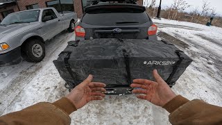 Hitch Cargo Basket Gear Overview - Solo Winter Camping - Subaru Crosstrek
