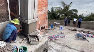 🔴 越南燕燕一家 🔴在越南建新房11.07直播：小包工头继续雕琢柱子底座  越南工人楼顶抹墙收尾