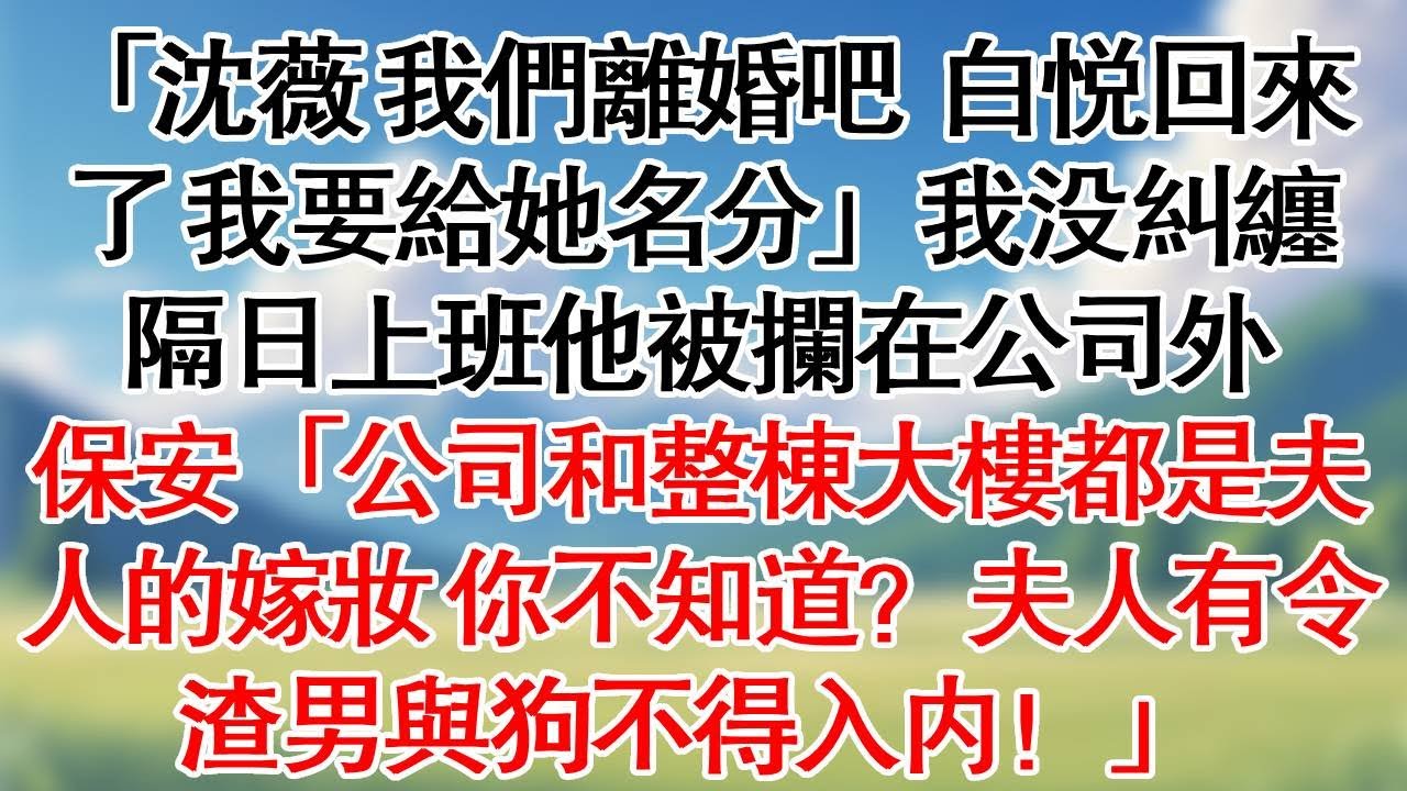 「沈薇，我們離婚吧。白悅回來了，我要給她名分。」我沒糾纏。隔日上班他被攔在公司外，保安「公司和整棟大樓都是夫人的嫁妝，你不知道？夫人有令，渣男與狗不得入內！」#情感故事#爽文#大女主