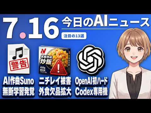 【#AIニュース】AI作曲Suno、数百万曲の無断学習発覚！ニチレイにサイバー攻撃、外食チェーンで欠品 | 2026.07.16 | No.130のサムネイル