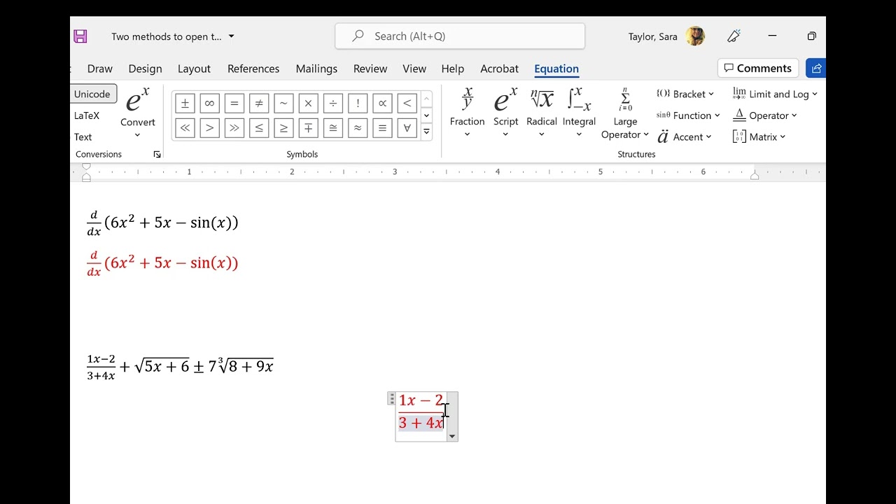 equation editor fractions and roots