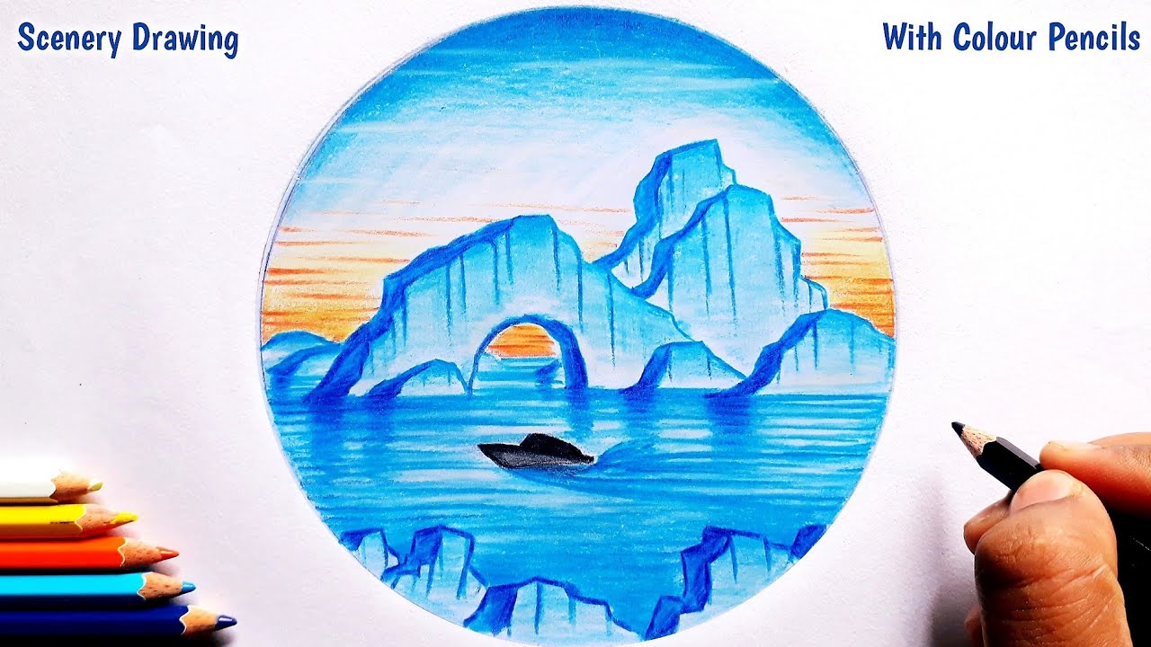 Pencil Colour Drawing - Of Beautiful Iceberg Scenery | A Boat ...