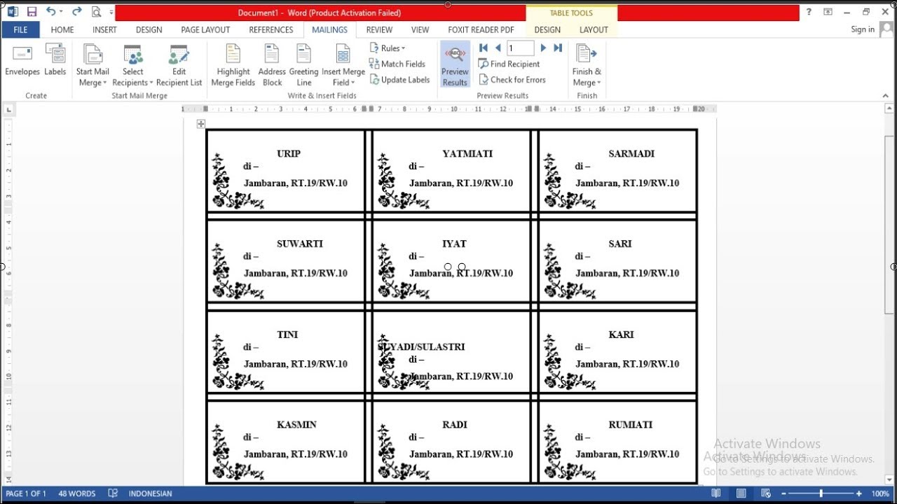  Cara  membuat  label nama  pada undangan microsoft office 