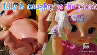 Lily is naughty at the picnic. Baby Alive Lily. Baby Alive Lila. Pranks. Poo. Naughtiness.