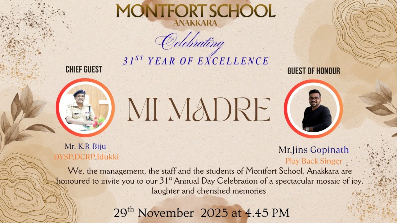 Day -2 Montfort School Anakkara 31st Annual day "MI Madre" || Live Streaming || 29.11.2025 ||