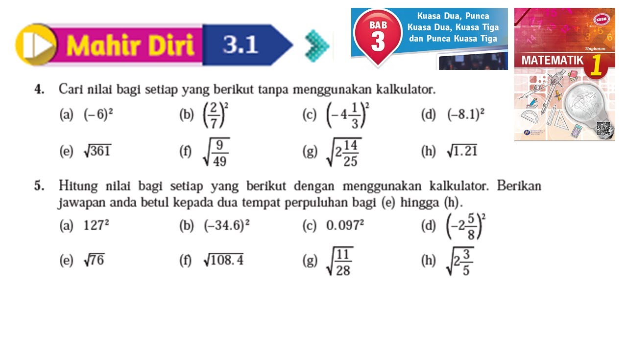 Matematik Tingkatan 1 Bab 3 Kuasa Dua Punca Kuasa Dua Kuasa Tiga Punca Kuasa Mahir Diri 3 1 No4 5 Youtube