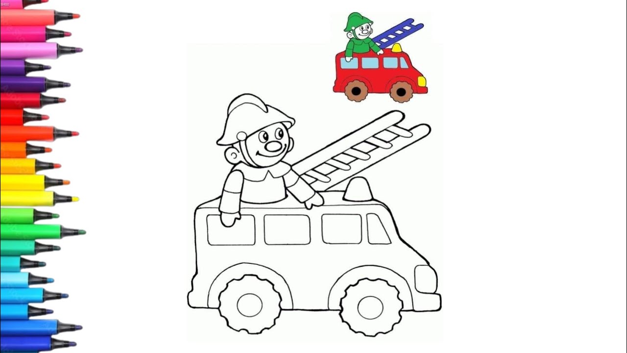 Рисунок пожарной машины с пожарным для детей | Простое дошкольное творчество