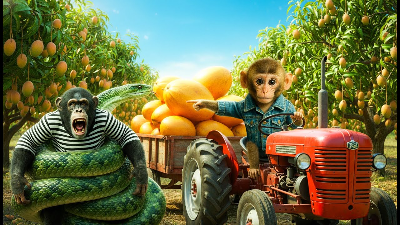 The monkey drove a tractor to harvest mangoes and caught a thief eating farm animals