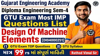 🚨Diploma Mechanical Sem-4 Design of Machine Elements GTU Exam TOP IMP Questions 2026 | Chapter Wise💯
