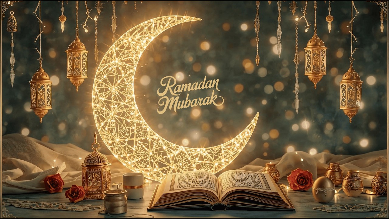 Ramadan Mubarak Spiritual Night 🌙✨ | خلفية أجواء رمضان الروحانية الهادئة مع الهلال والقرآن
