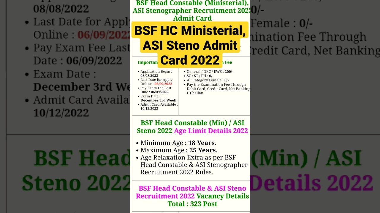 BSF HC Ministerial, ASI Steno Admit Card 2022