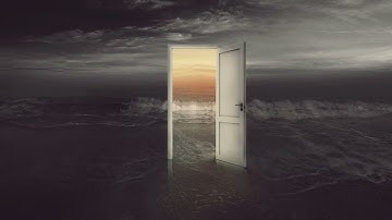 Open Door In Ocean Waves Under Dark Sunrise Sky 4K Christian Worship Background Motion Loop