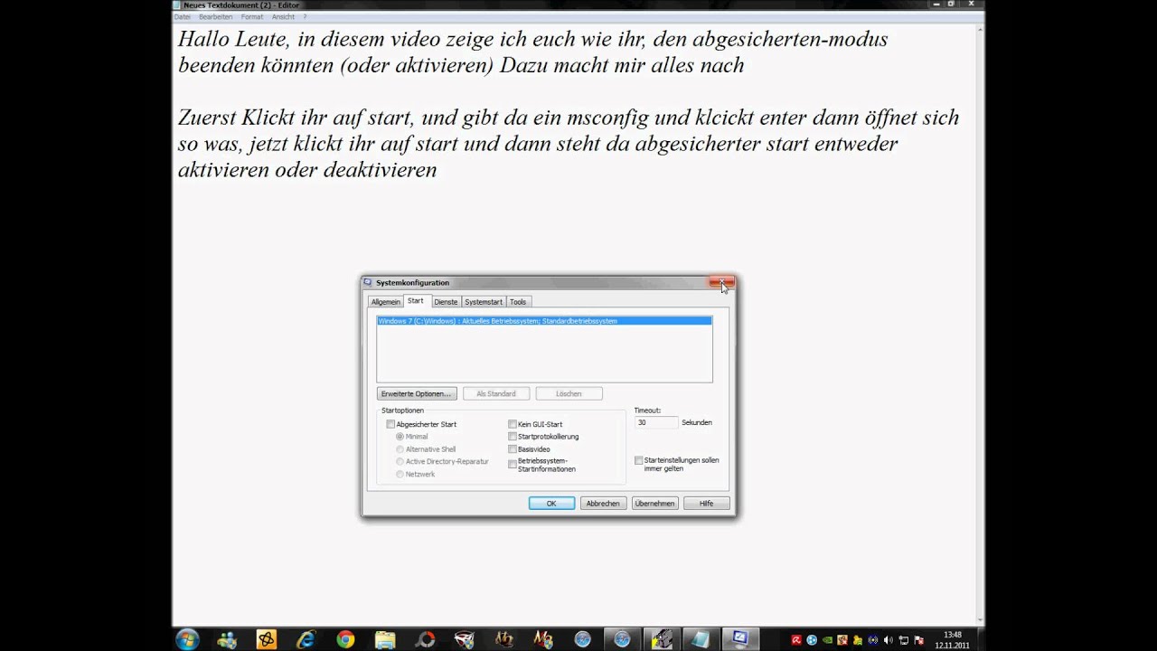 Abgesicherter Modus Aktivieren Deaktivieren Windows7 Vista Youtube
