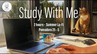 Study with me & my cat 🐱 2 Hours / The sun through the glass 🌤️📚 / Pomodoro 25/5 / Lo-Fi