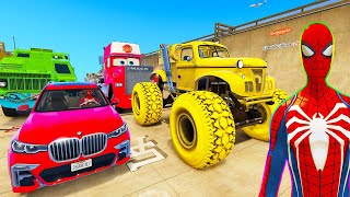 Spiderman Cars Monster Trucks Mega Lake Ramp Challenge ! Superhero Goku Jeep Windmill Stunts - Gta V