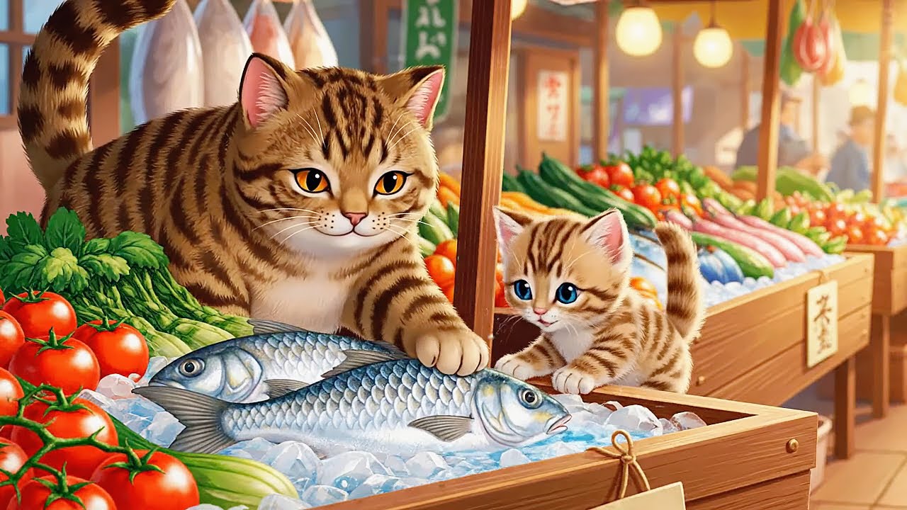 Мама-кошка и котенок идут на рынок за рыбой, чтобы сварить уху.