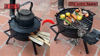DIY Wood stove 2 in 1 BBQ grill | Smokeless wood stove from an old water heater !
