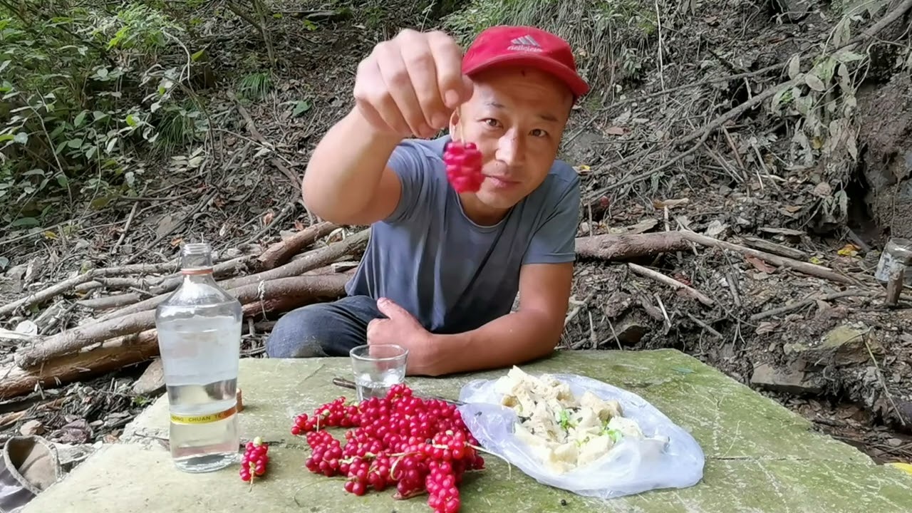 凉拌面筋配野果子下酒，这一顿饭美滋滋的，在山里吃喝真过瘾 #户外美食