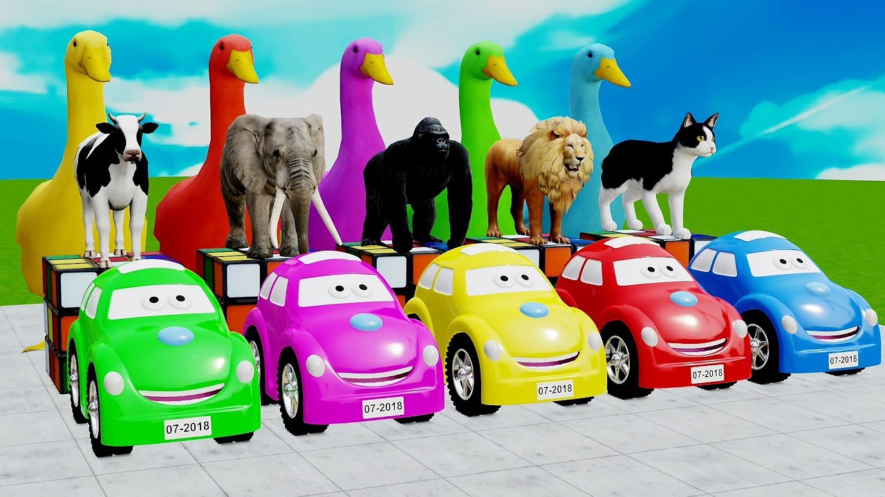 لعبة التزحلق الطويل مع بقرة وفيل وغوريلا وفرس نهر ونمر، لعبة حيوانات ثلاثية الأبعاد، رسوم متحركة s