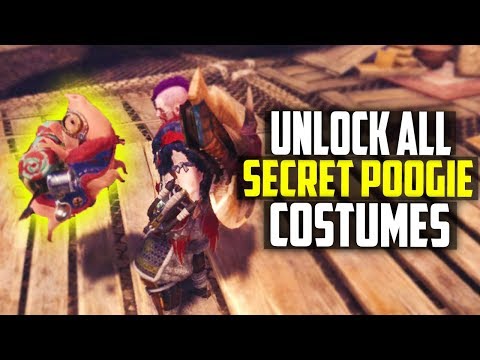 HOW TO UNLOCK ALL THE SECRET POOGIE COSTUMES! PIMP YOUR PIG! Monster Hunter World Tips