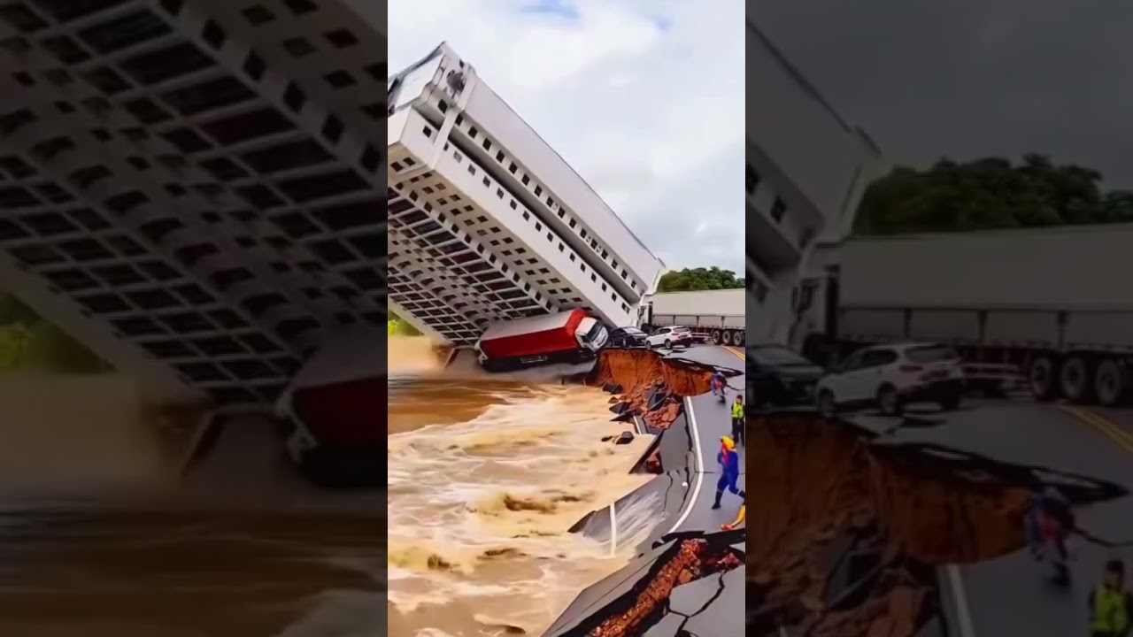 trucks and workers scramble to safety in a heart-stopping moment! 🌊