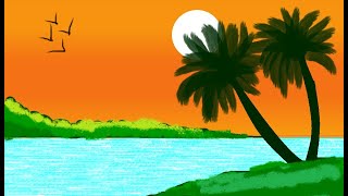 How to Draw Easy Scenery In MS Paint - Drawing Sunset Scenery Step by Step with MS Paint
