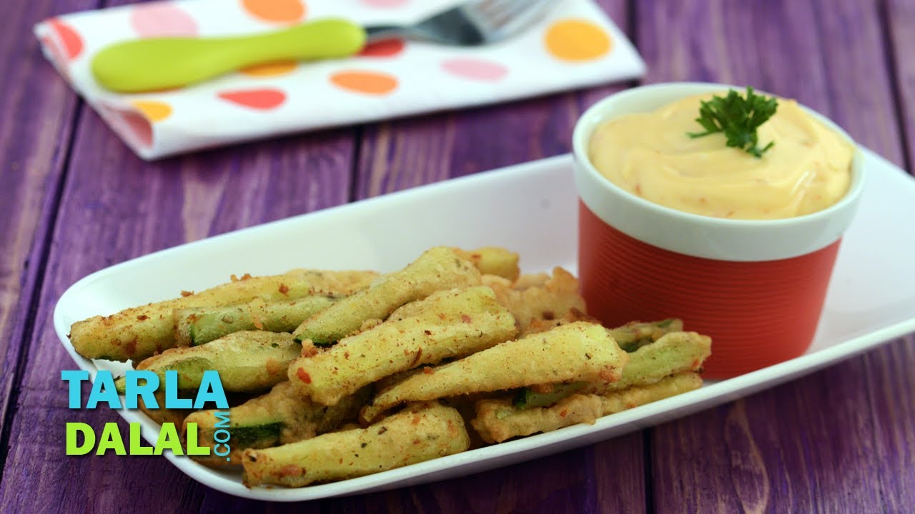 Zucchini Fritters with Spicy Mayo Dip by Tarla Dalal