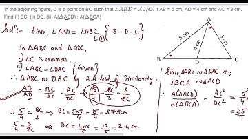 115: Similarity: If AB = 5cm, AD= 4cm,  and AC=3 cm,  Find   (1)BC, (2)DC,  (3)A(△ACD) : A(△BCA).