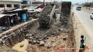 Amazing Power Trucks Dumping Stones Bulldozer Push Stone Building Foundation Side Road Construction