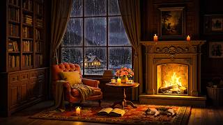 Rainy Fireplace Jazz ☔ Cozy Library Ambience for Sleep & Relaxation